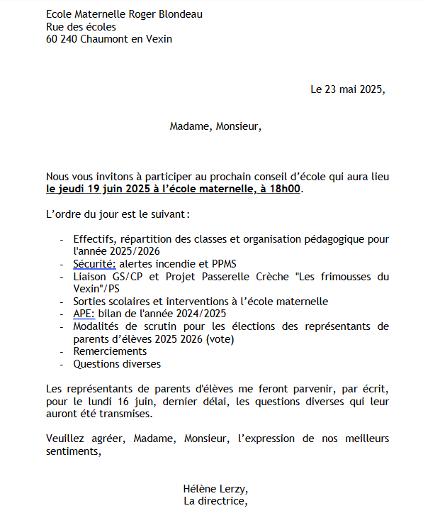 Invitation conseil d'école Roger Blondeau